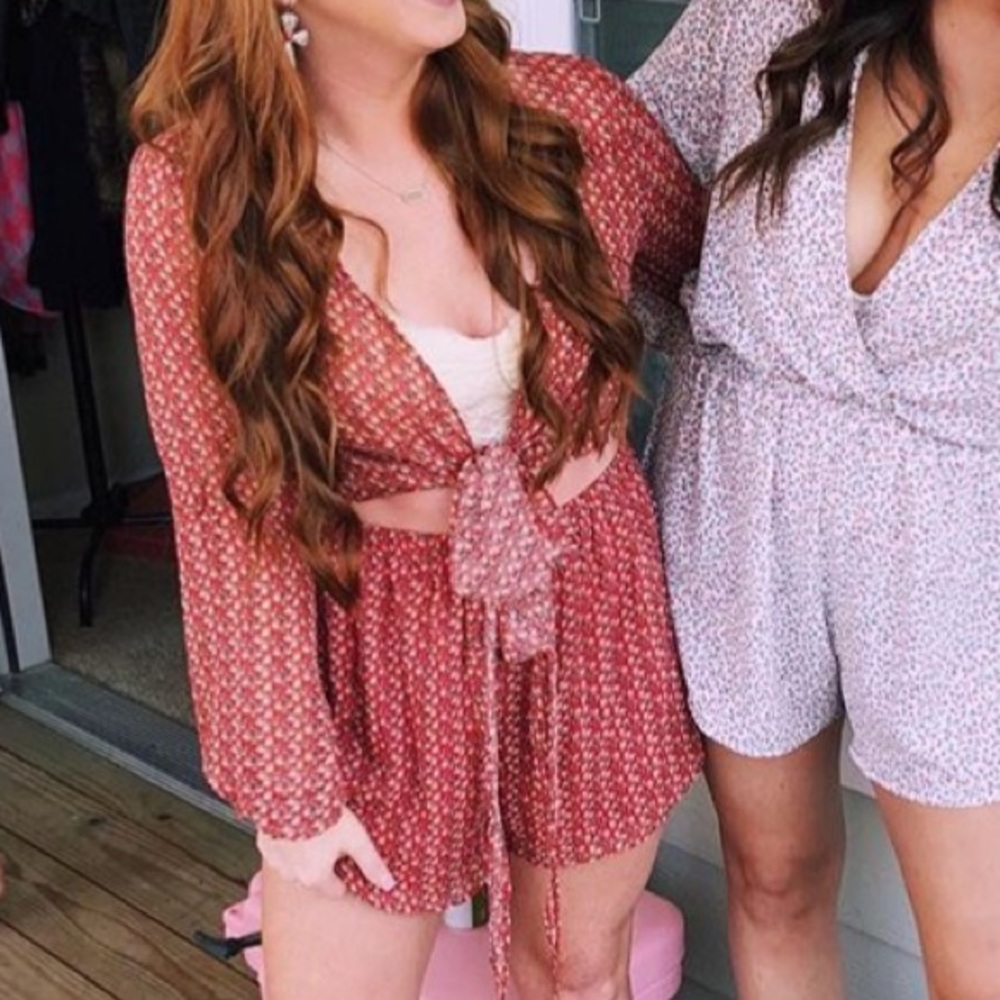 Red Floral Front Tie Romper